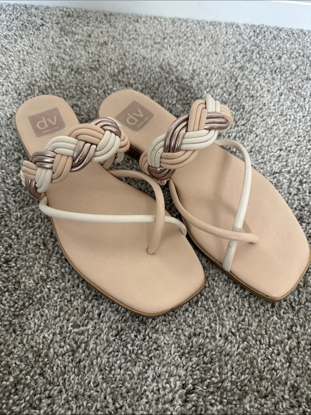 DV by Dolce Vita Neutral Braided Metallic Rose and Cream Toe-Post Sandals